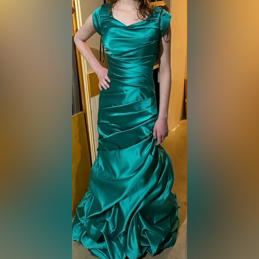 Beautifully Modest teal satin lace-up gown